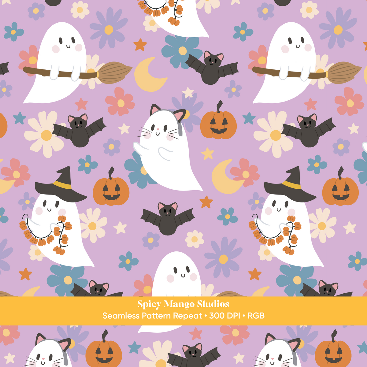 Purple Halloween Ghost Seamless Pattern