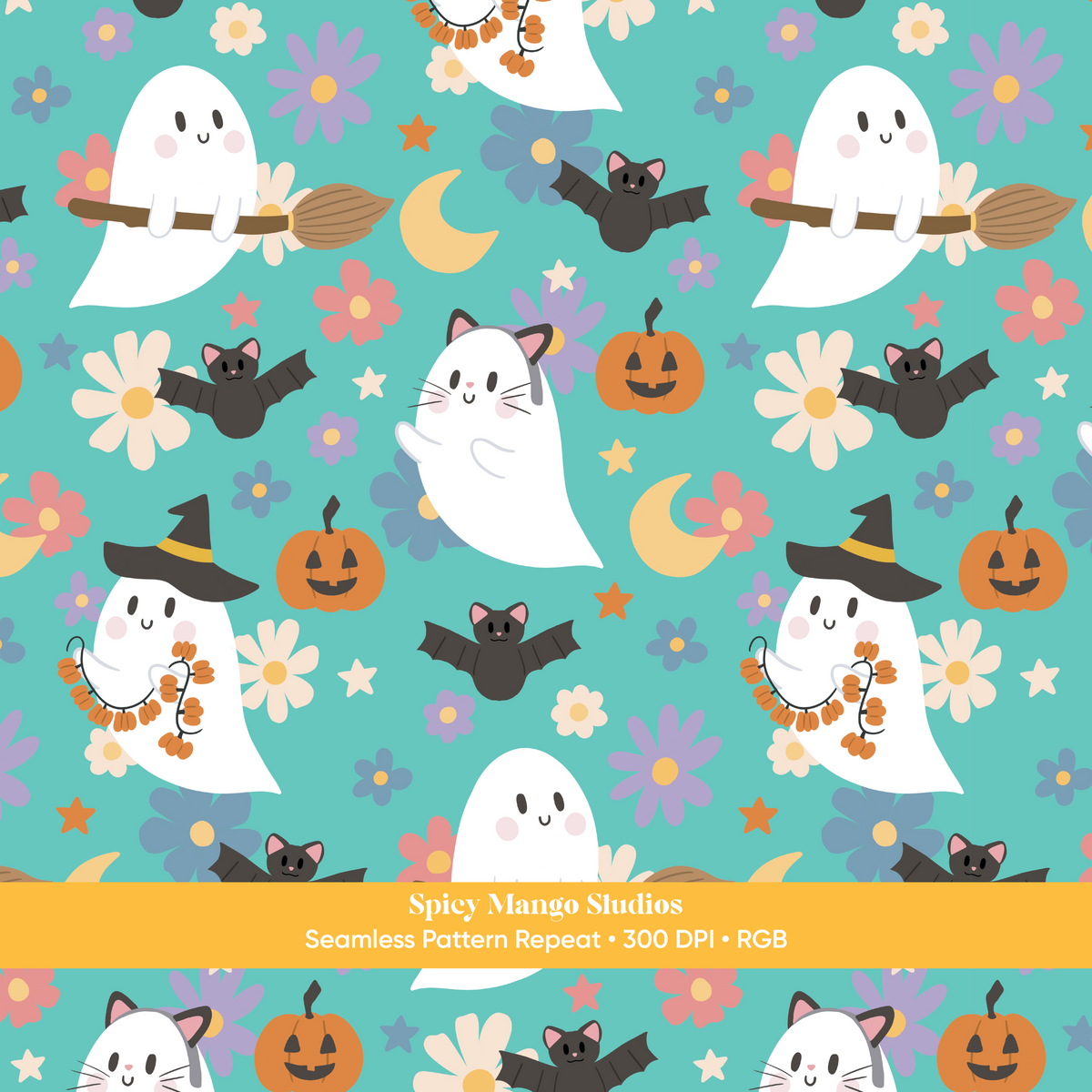 Teal Halloween Ghost Seamless Pattern
