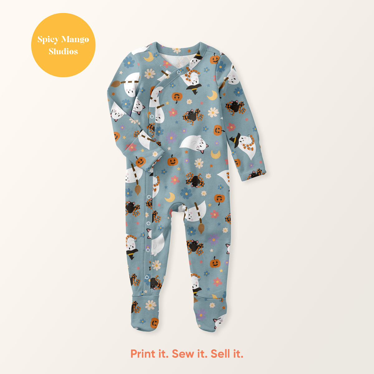 Dusty Blue Ditsy Halloween Ghost Seamless Pattern