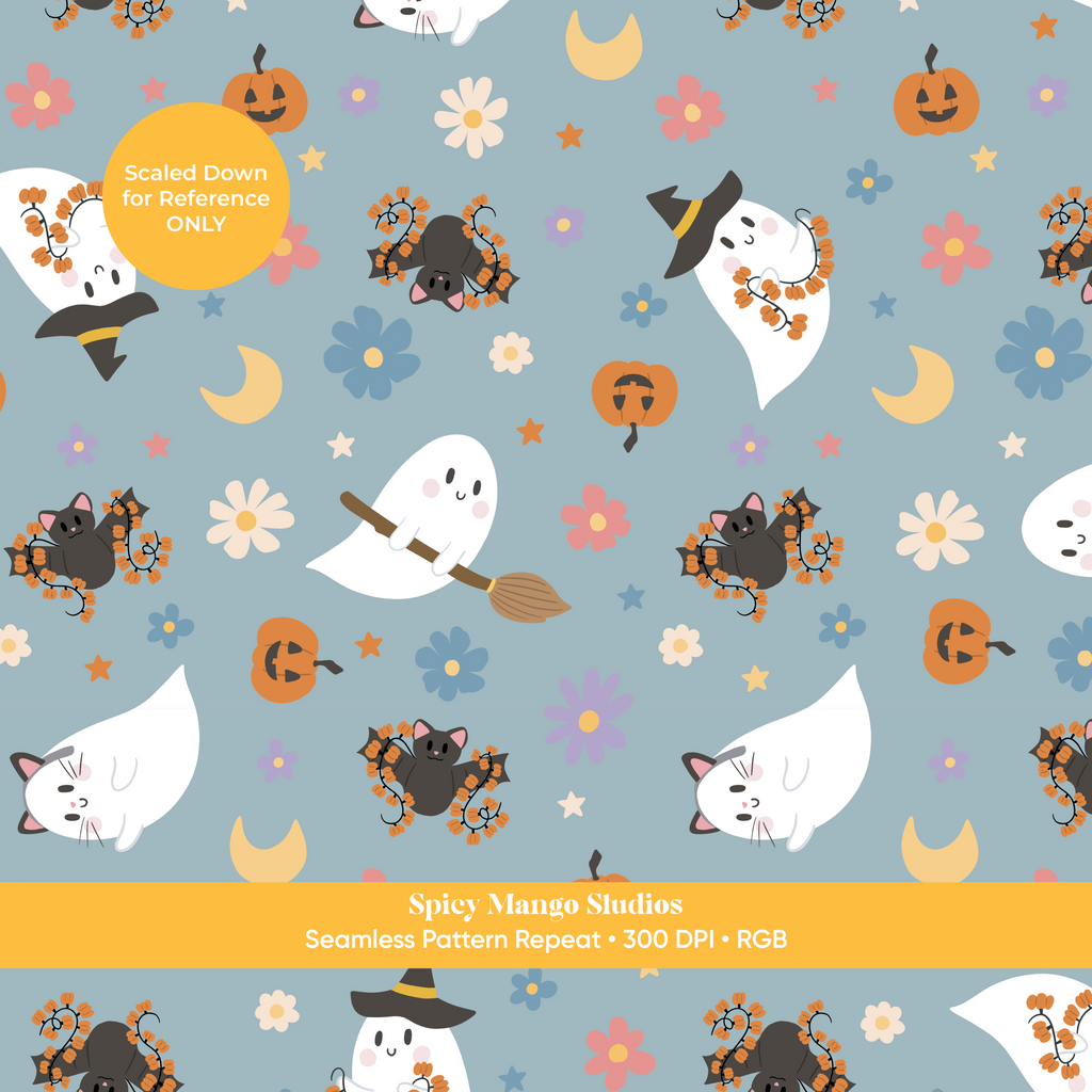 Dusty Blue Ditsy Halloween Ghost Seamless Pattern