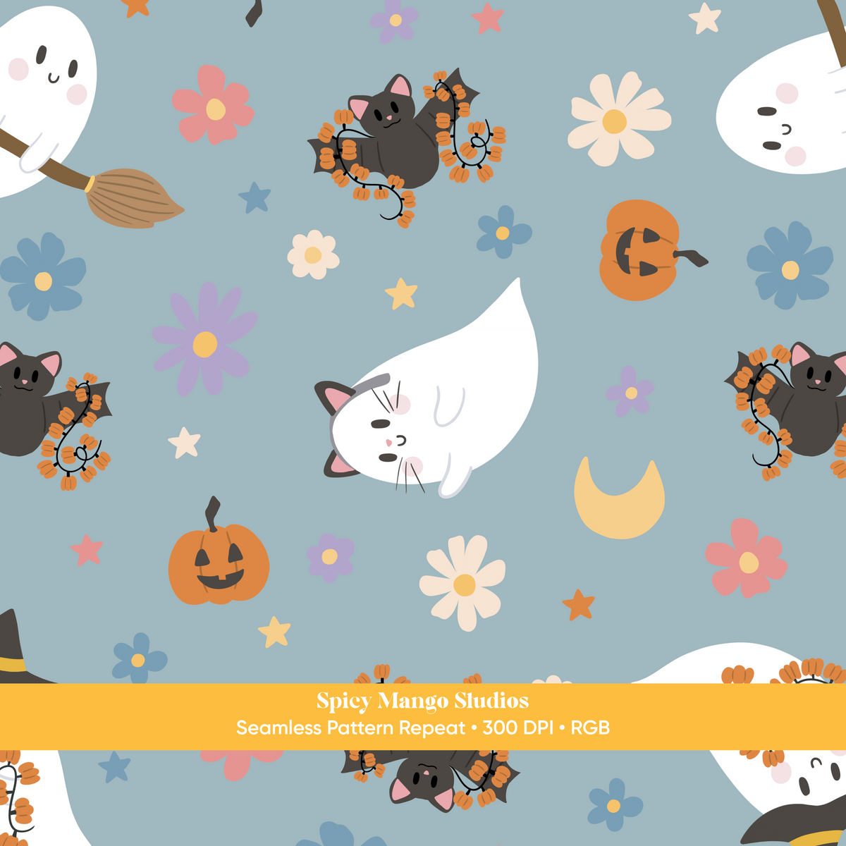 Dusty Blue Ditsy Halloween Ghost Seamless Pattern