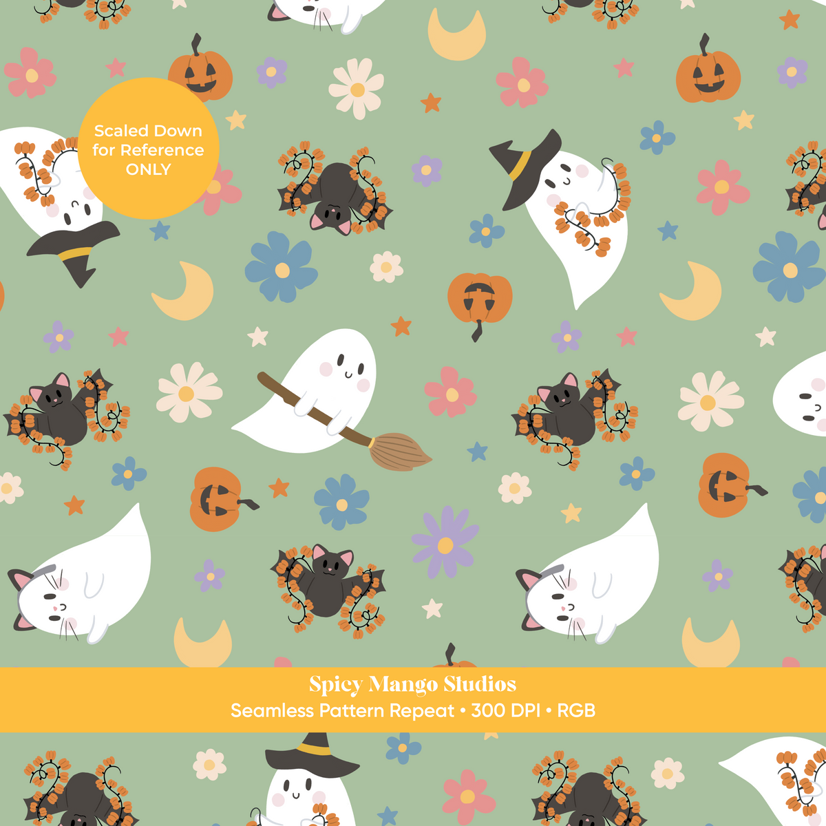 Green Ditsy Halloween Ghost Seamless Pattern