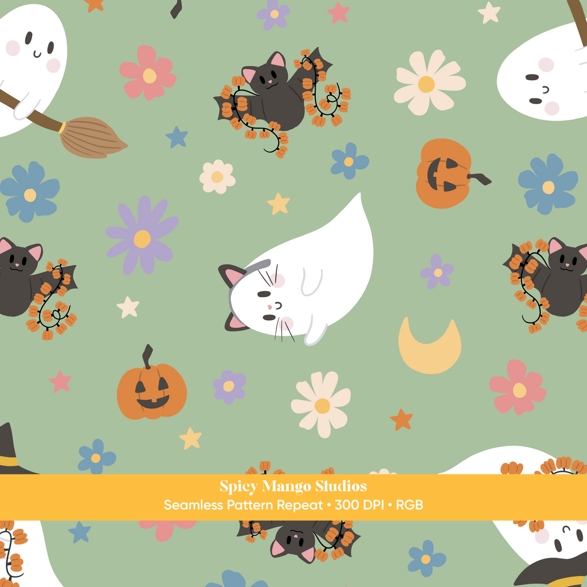 Green Ditsy Halloween Ghost Seamless Pattern