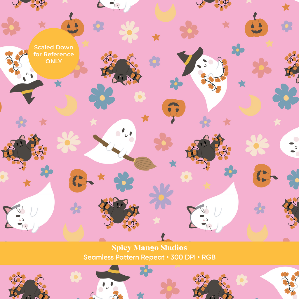 Pink Ditsy Halloween Ghost Seamless Pattern