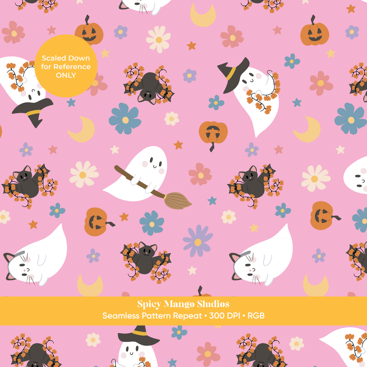 Pink Ditsy Halloween Ghost Seamless Pattern
