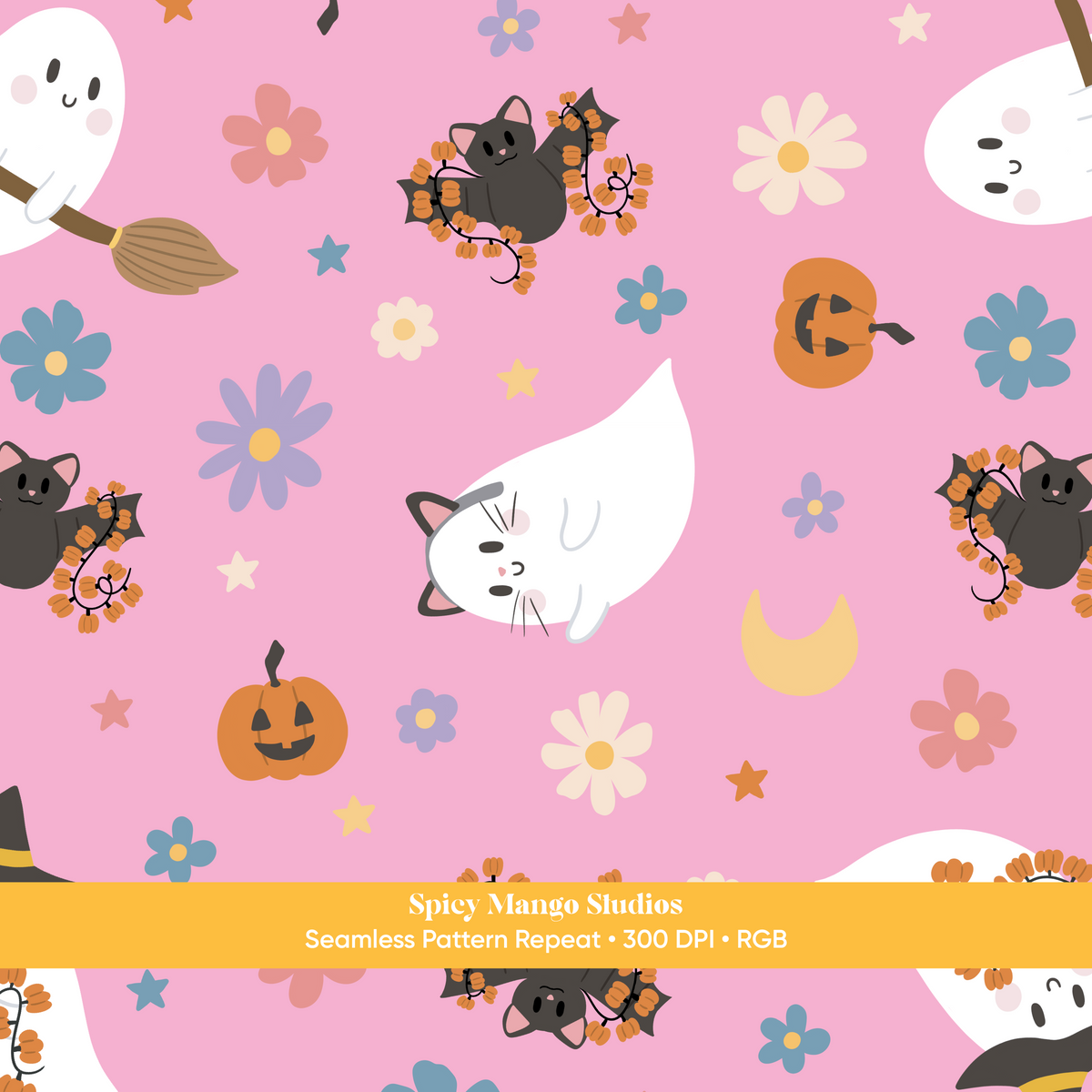 Pink Ditsy Halloween Ghost Seamless Pattern