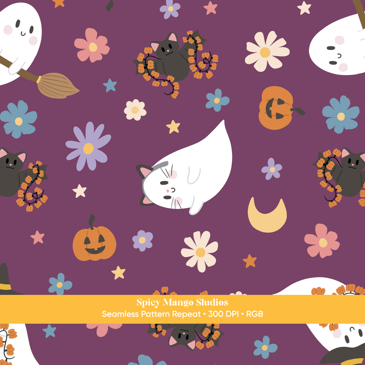 Plum Ditsy Halloween Ghost Seamless Pattern