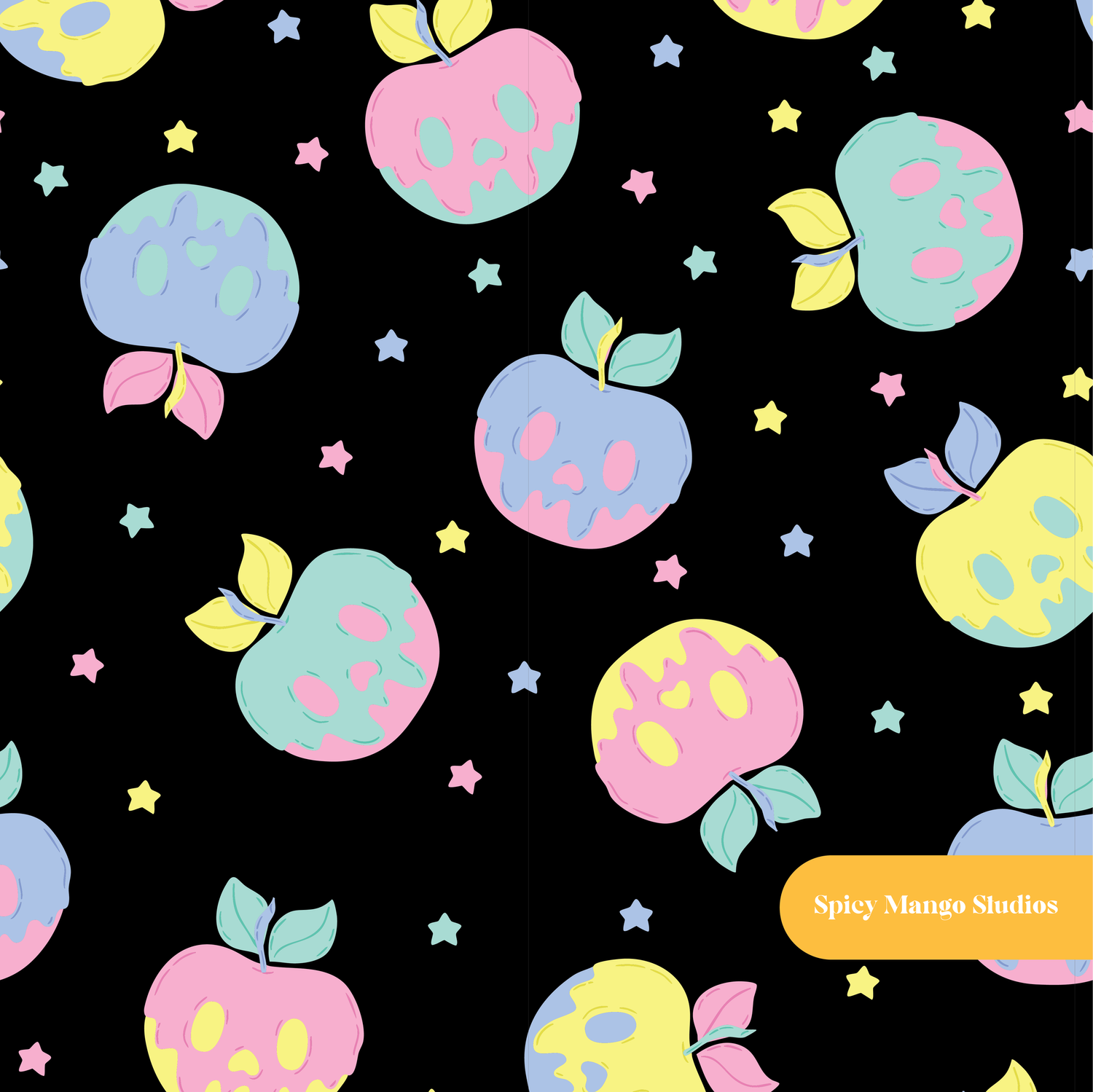 Black Spooky Halloween Apples Seamless Pattern