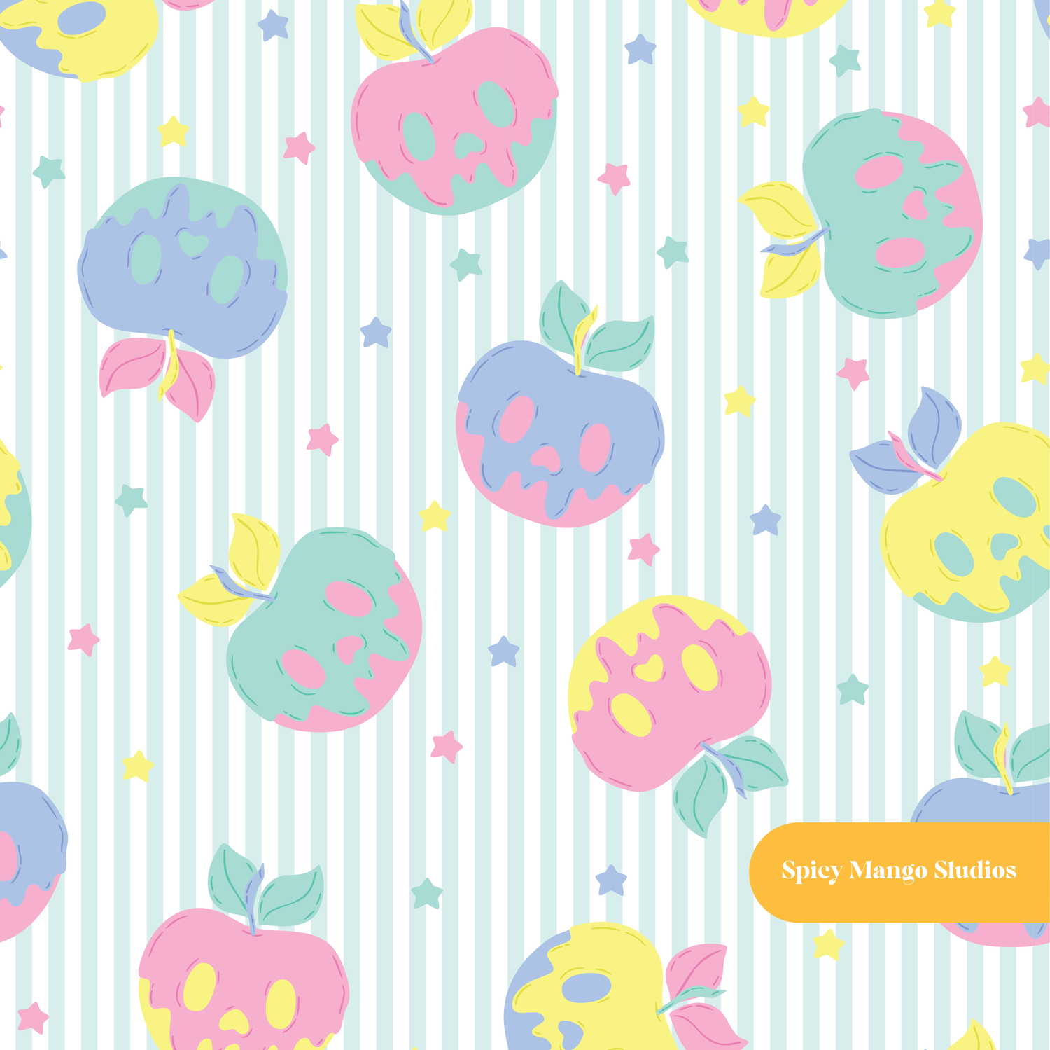 Teal Stripe Spooky Halloween Apples Seamless Pattern