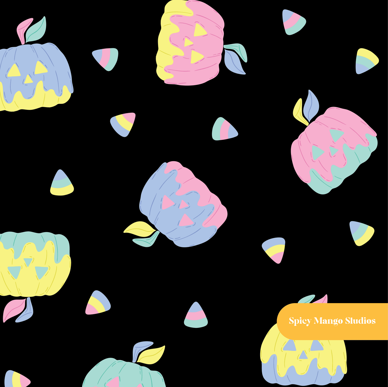 Black Spooky Halloween Pumpkins Seamless Pattern