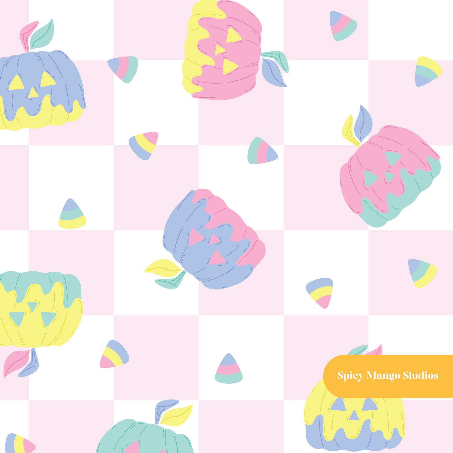 Pink Checker Spooky Halloween Pumpkins Seamless Pattern