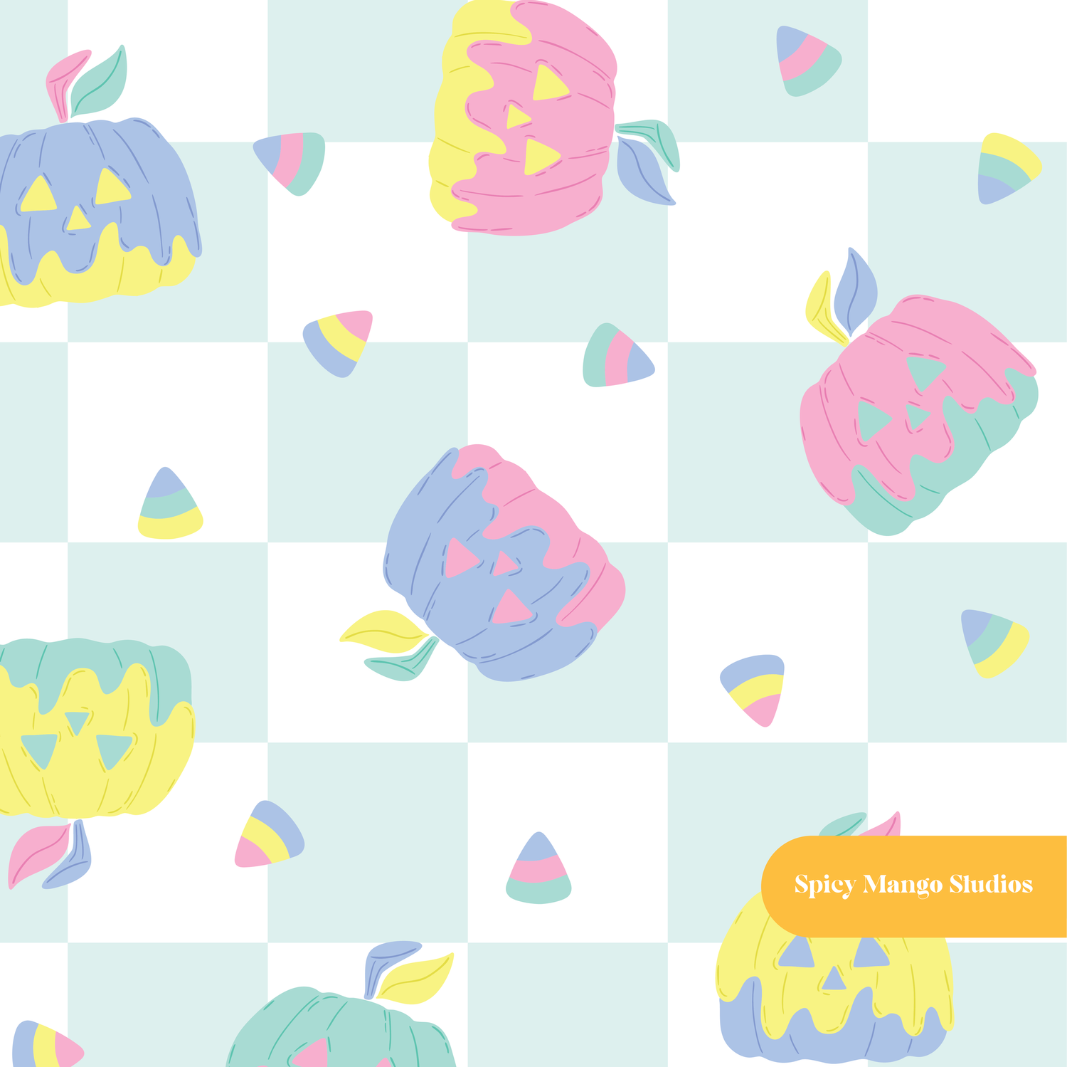 Teal Checker Spooky Halloween Pumpkins Seamless Pattern
