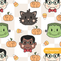 Beige Checker Spooky Spirits Halloween Seamless Pattern
