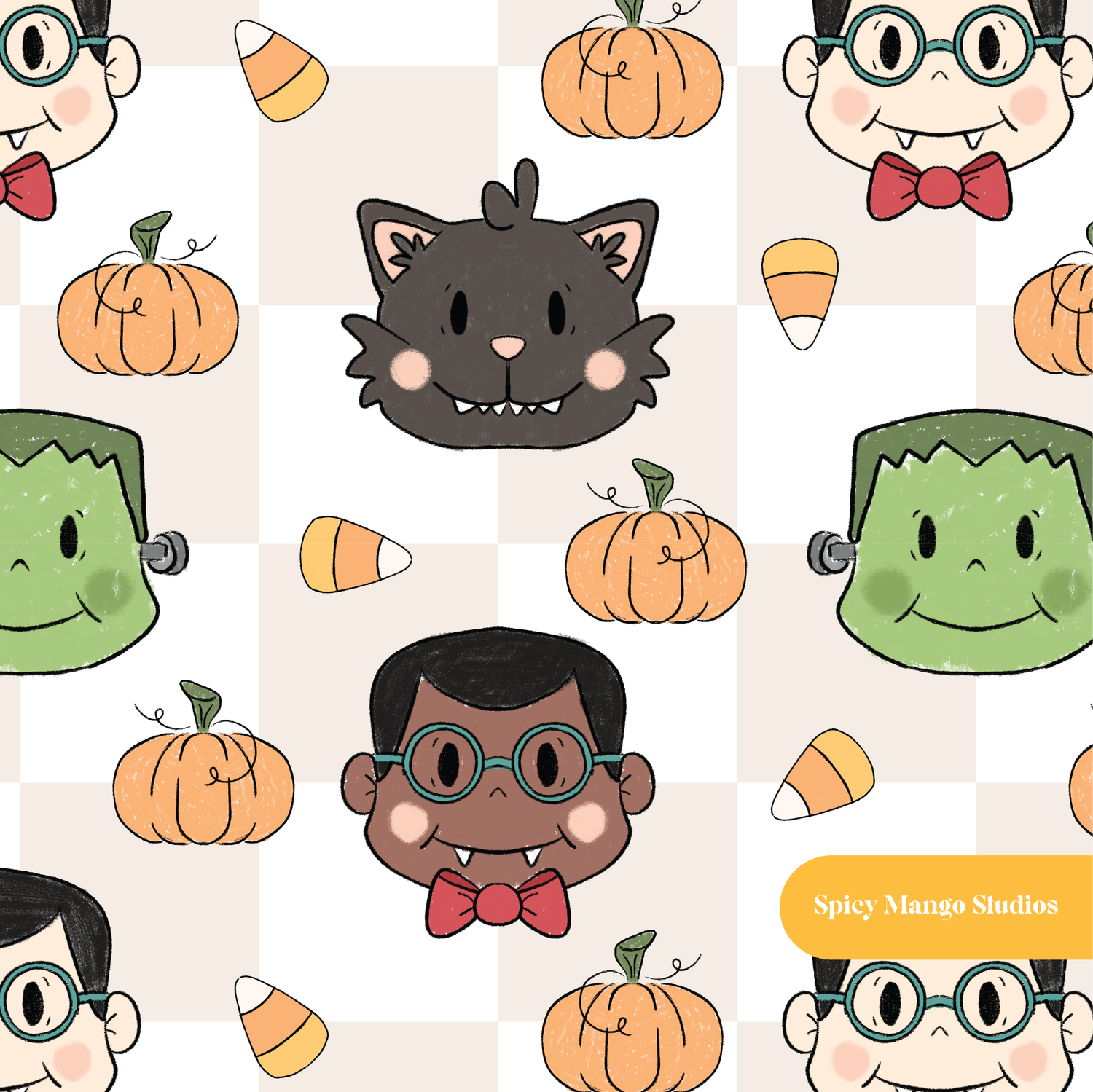 Beige Checker Spooky Spirits Halloween Seamless Pattern