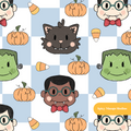 Blue Checker Spooky Spirits Halloween Seamless Pattern