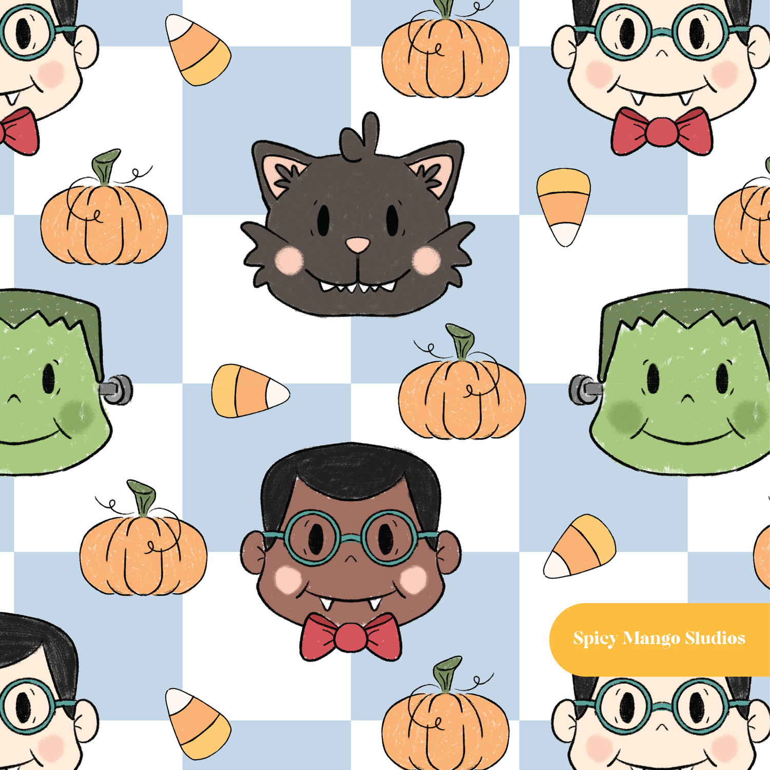 Blue Checker Spooky Spirits Halloween Seamless Pattern