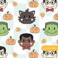 Mint Checker Spooky Spirits Halloween Seamless Pattern
