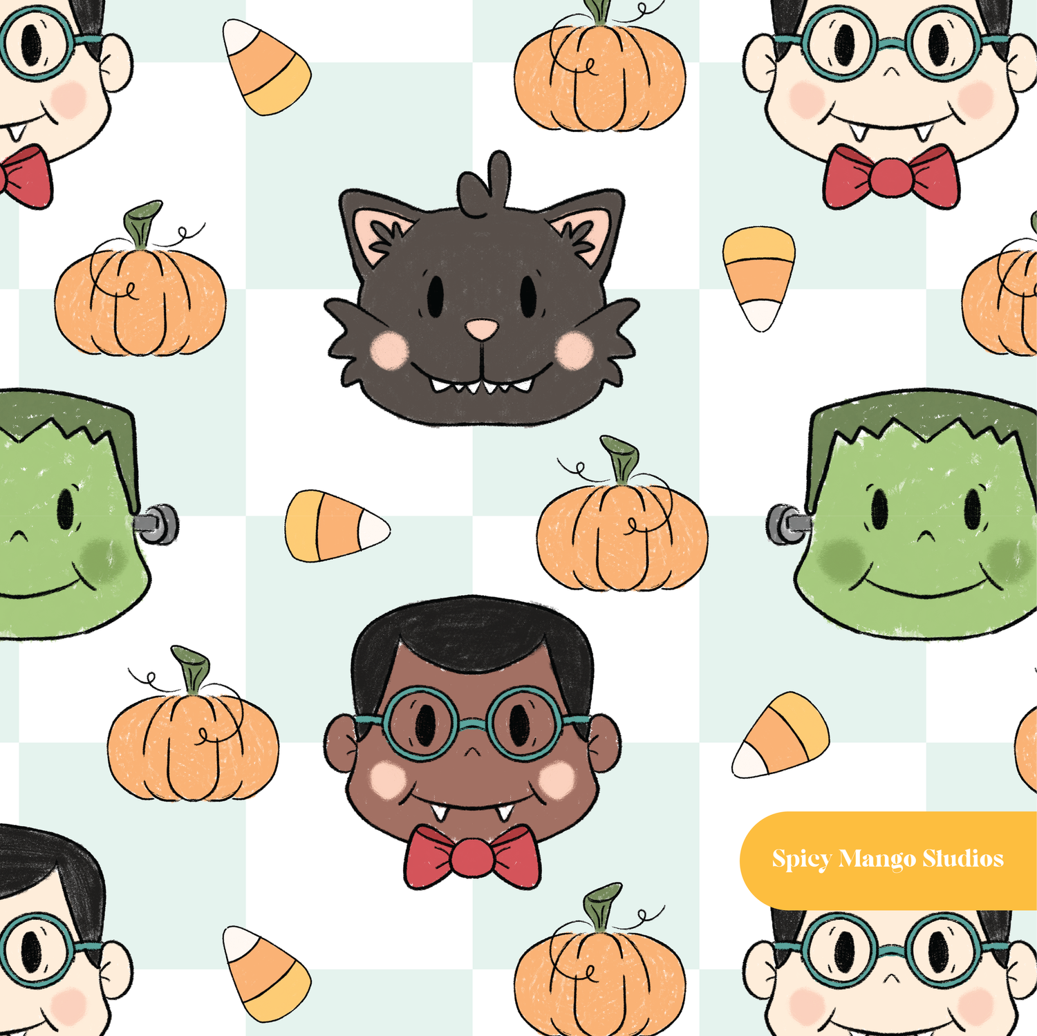 Mint Checker Spooky Spirits Halloween Seamless Pattern