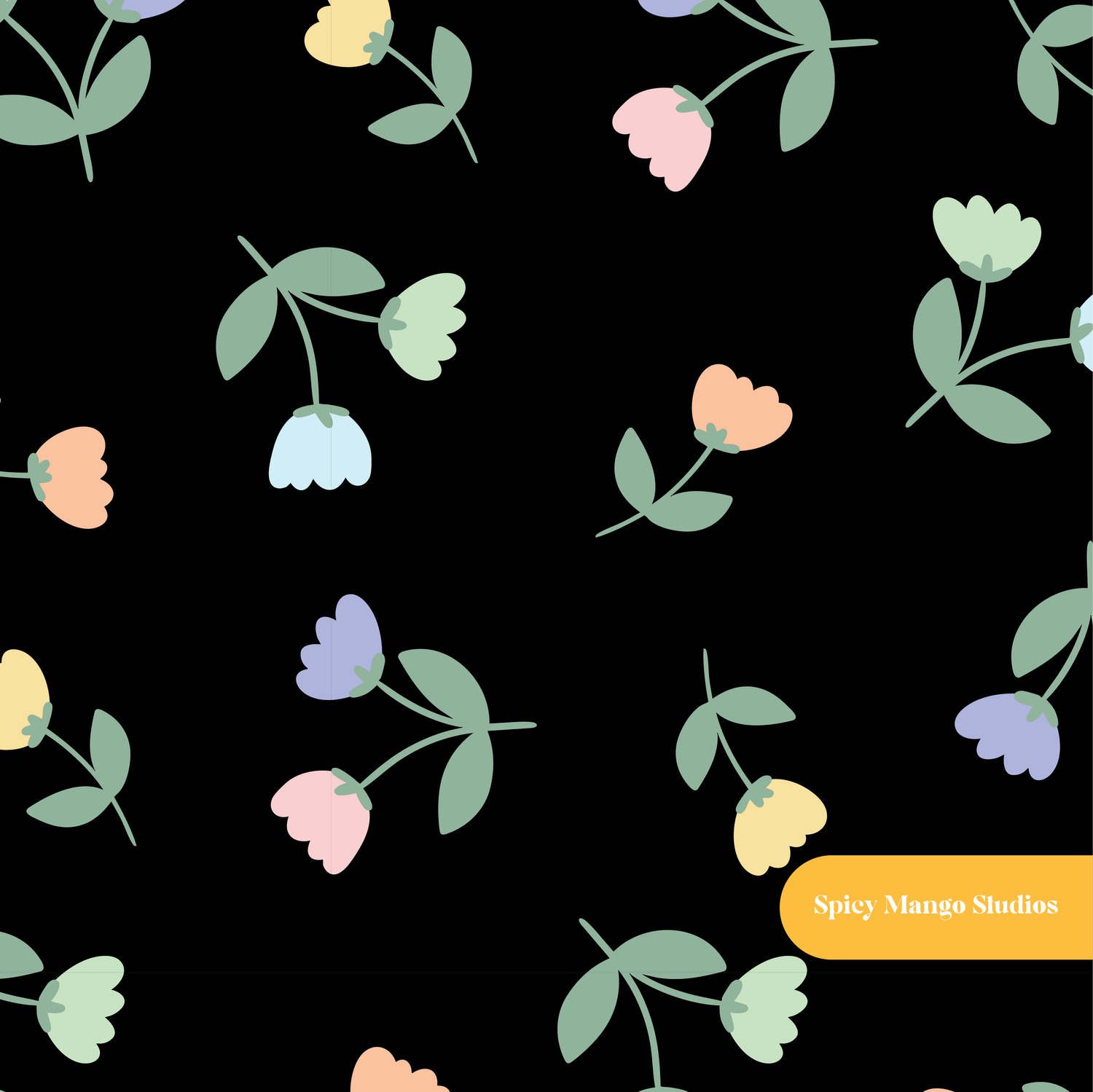 Black Spring Tulips Floral Seamless Pattern