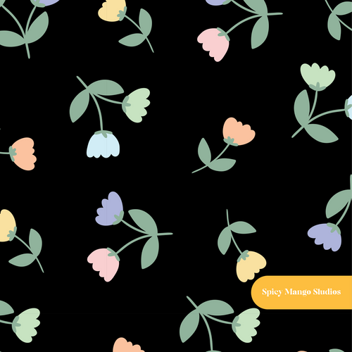 Black Spring Tulips Floral Seamless Pattern