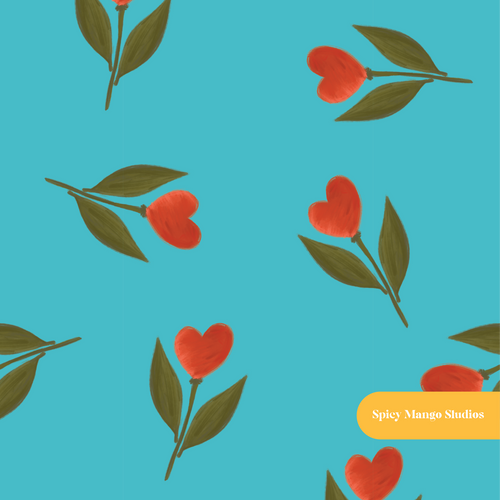Aqua Tulip Hearts Floral Seamless Pattern