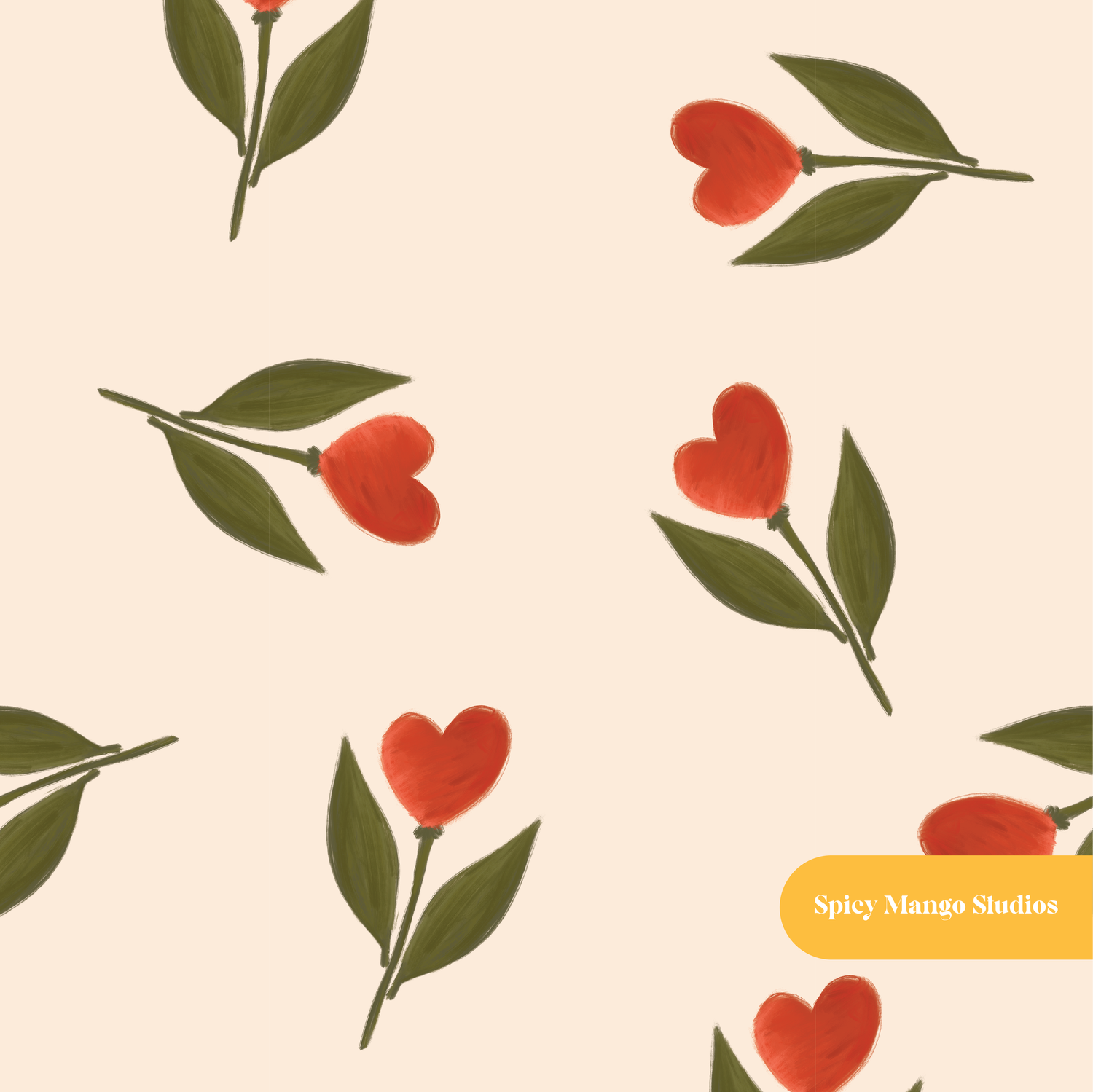 Cream Tulip Hearts Floral Seamless Pattern