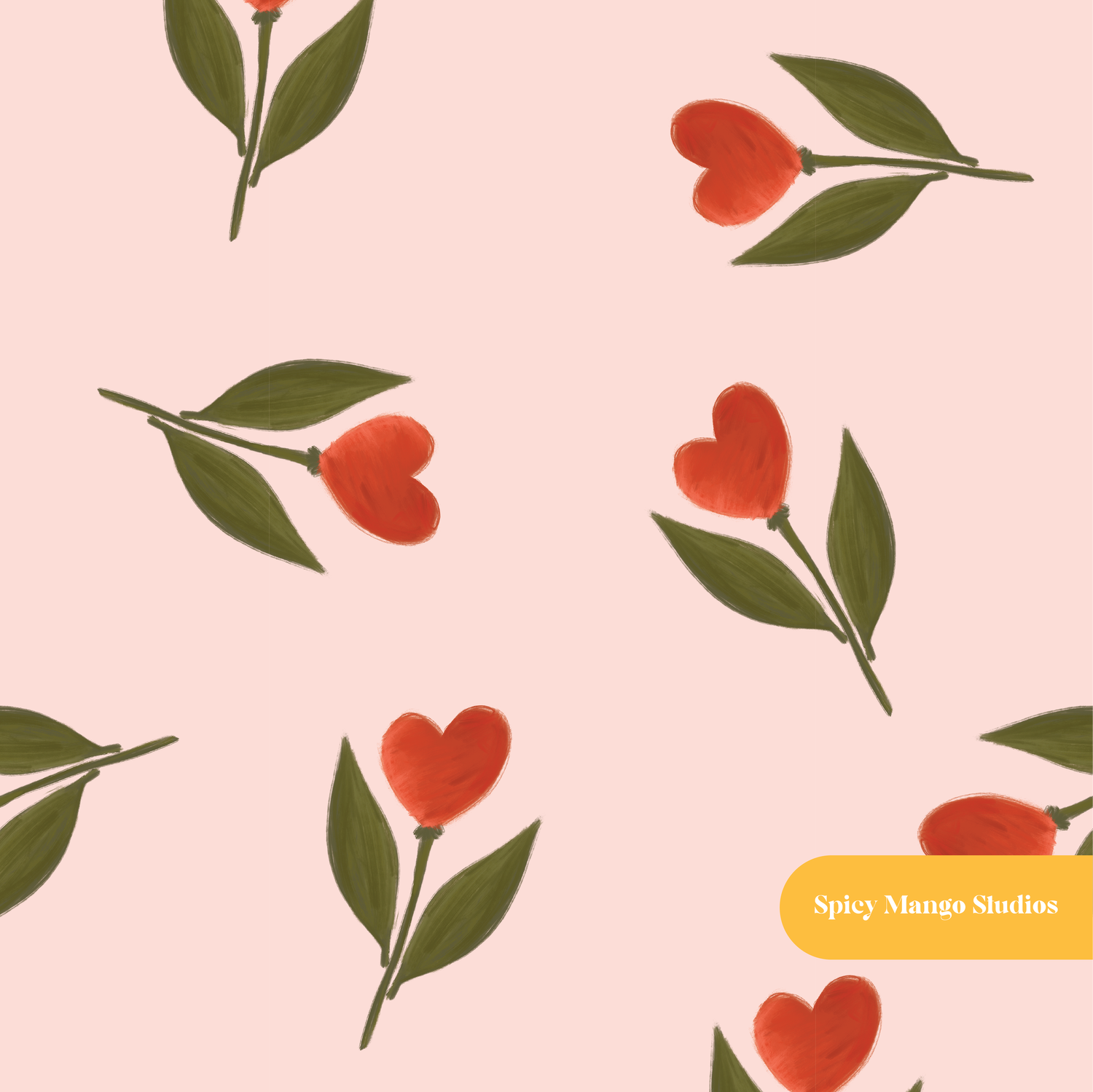 Pink Tulip Hearts Floral Seamless Pattern
