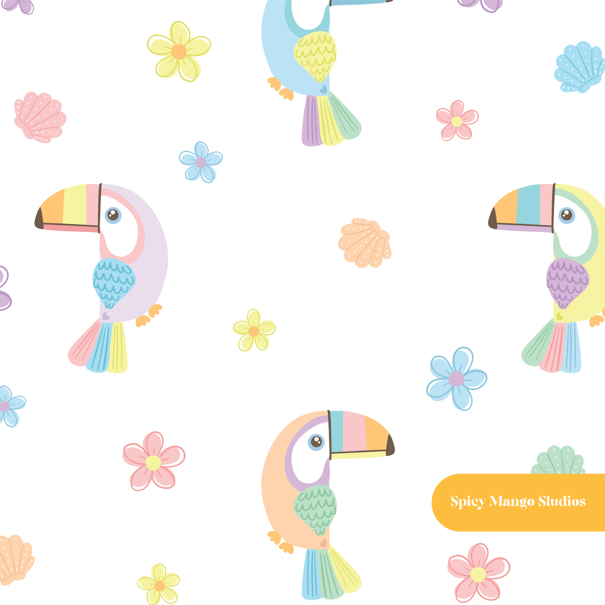 White Tropical Toucan Seamless Pattern
