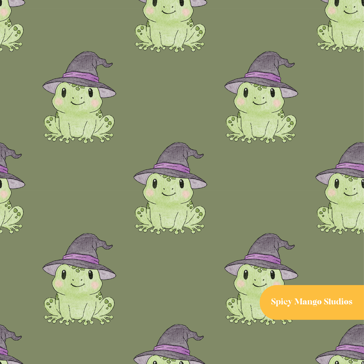 Dark Green Witchy Frog Seamless Pattern