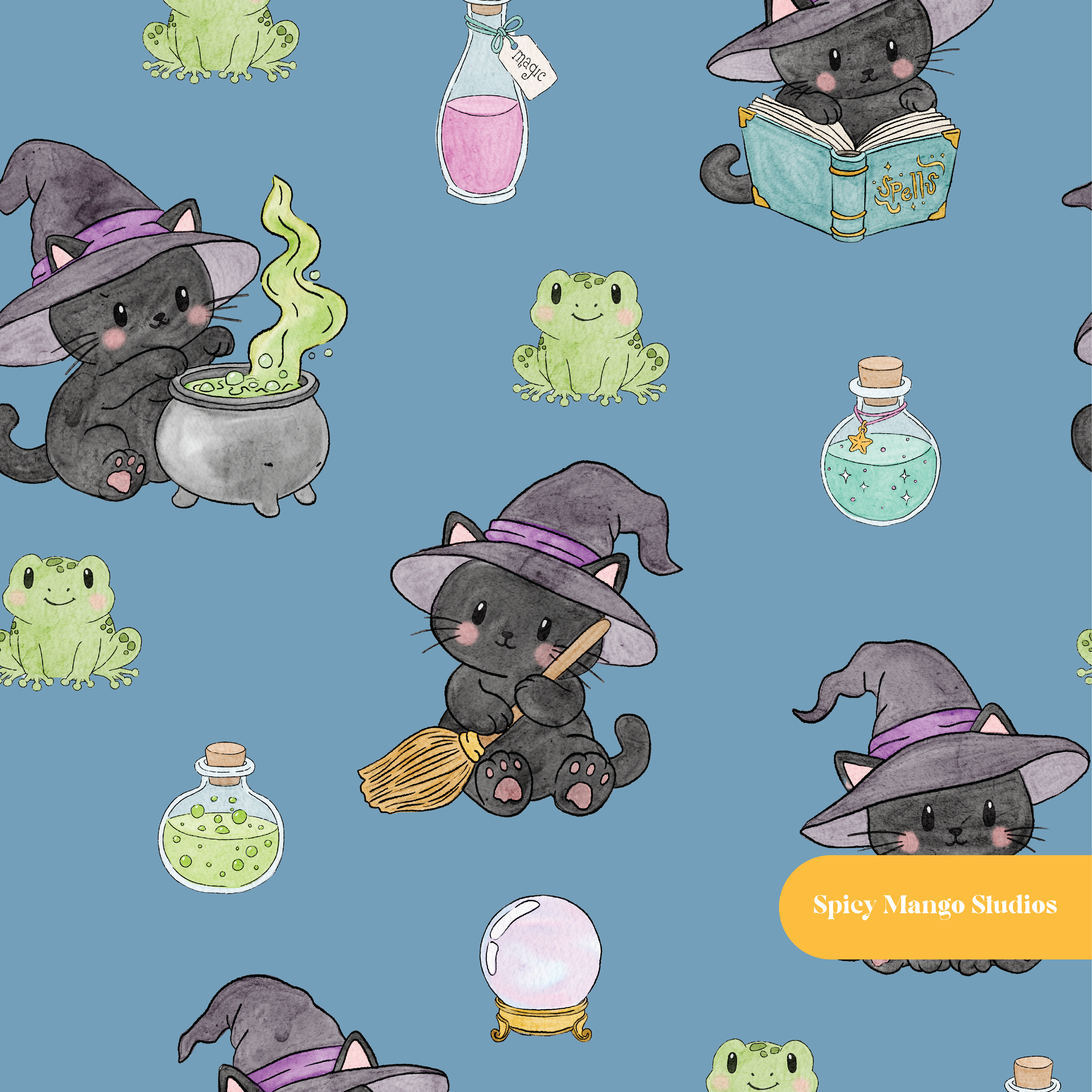 Blue Witchy Halloween Seamless Pattern – Digital Download
