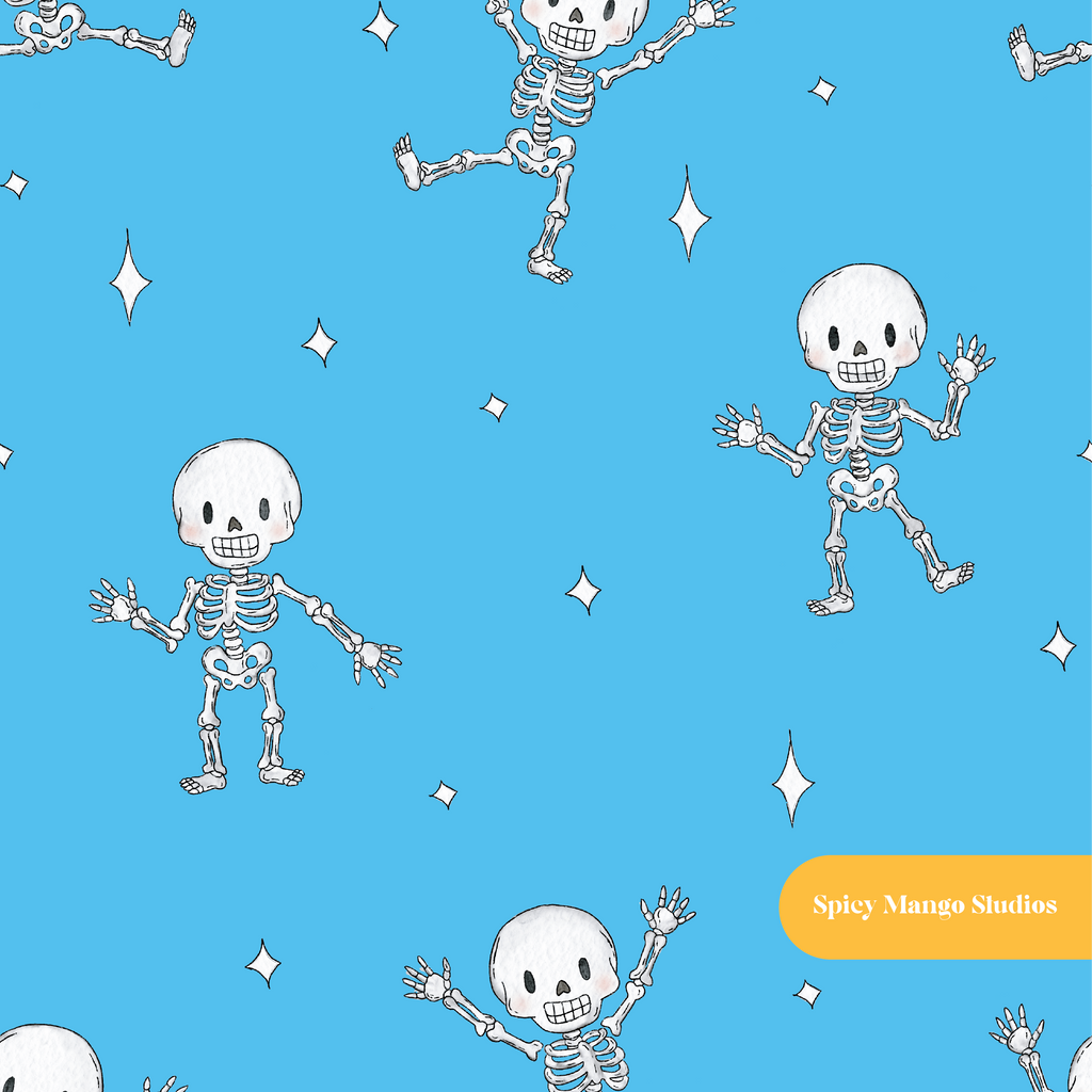 Electric Blue Spooky Skeleton Dancers Seamless Pattern – Digital Download