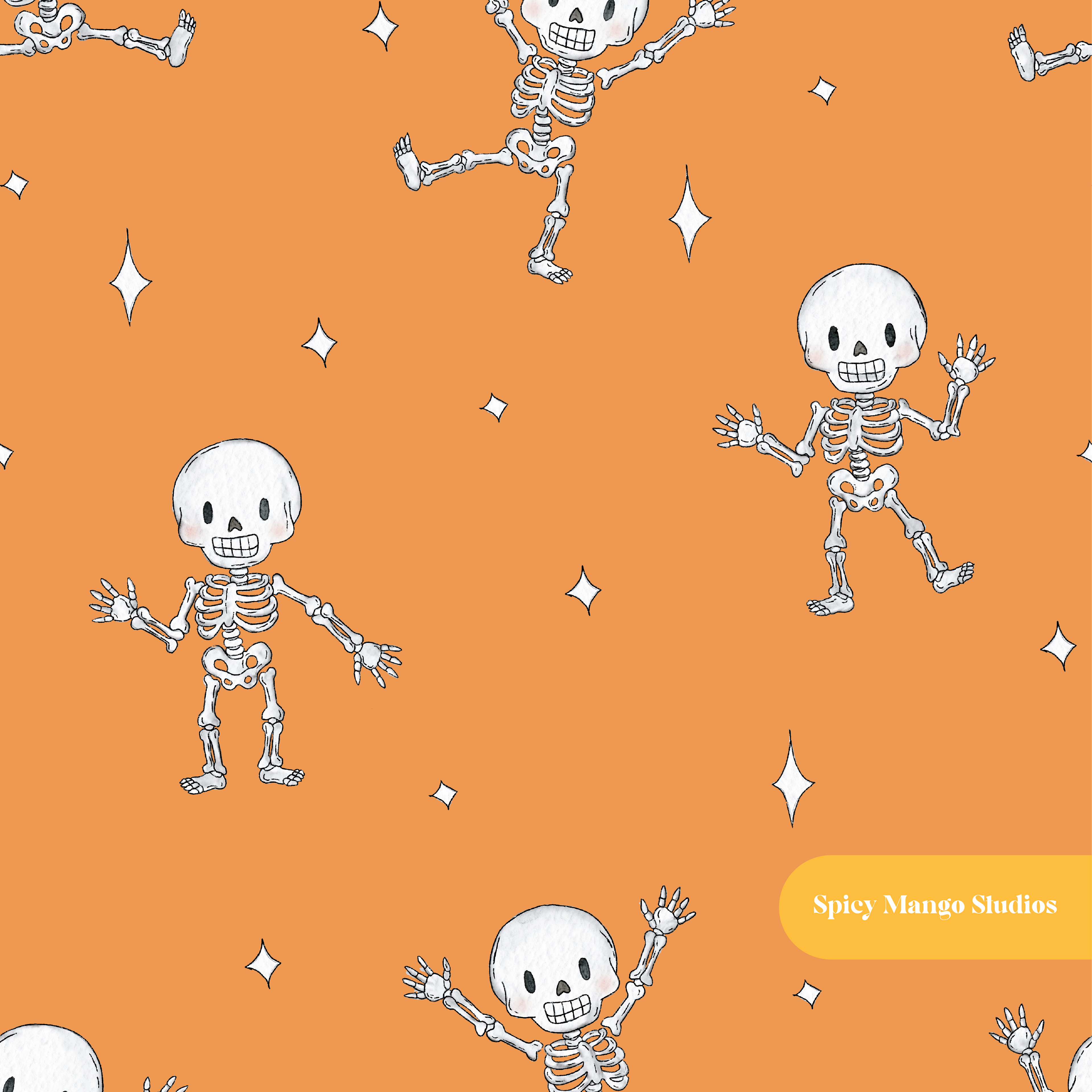 Orange Spooky Skeleton Dancers Seamless Pattern – Digital Download