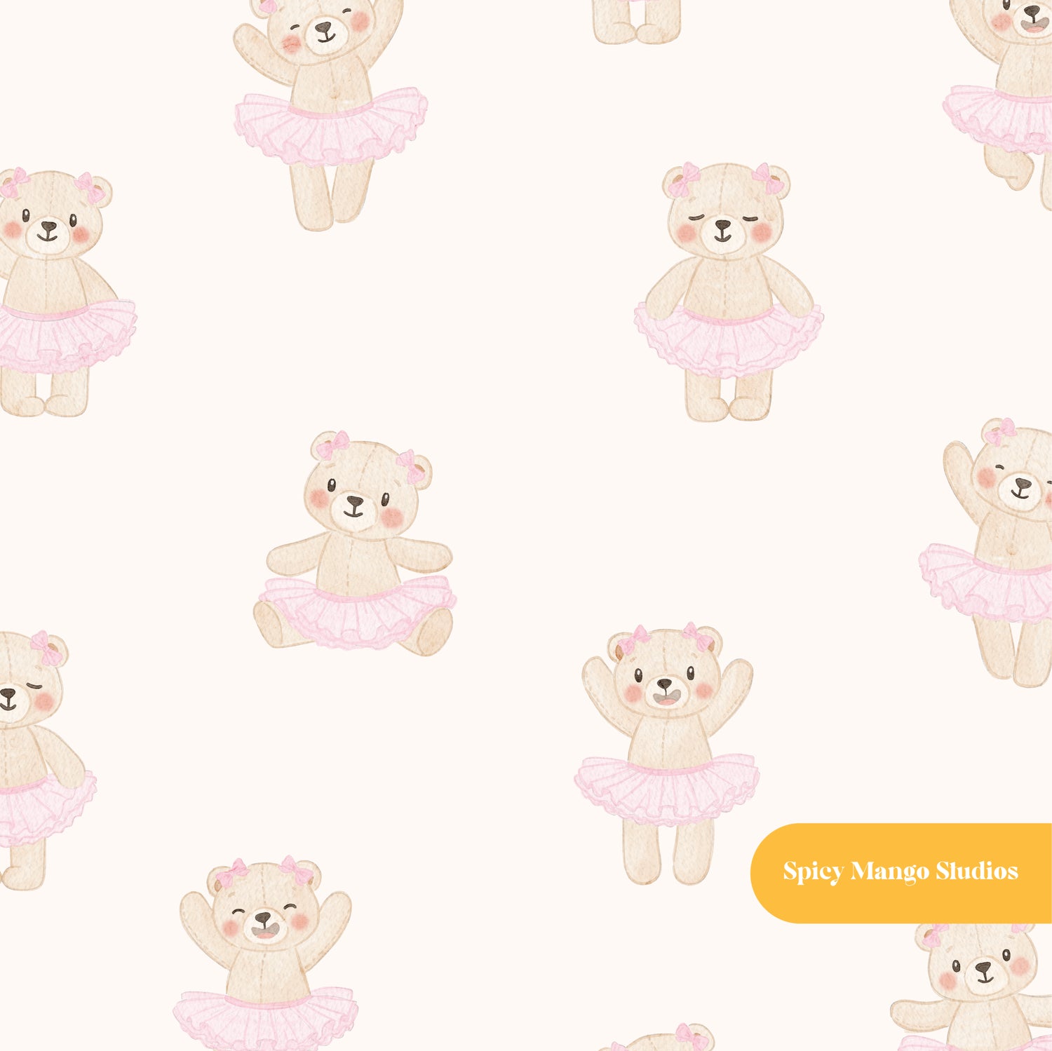 Neutral Whimsical Watercolor Ballerina Bear Seamless Pattern