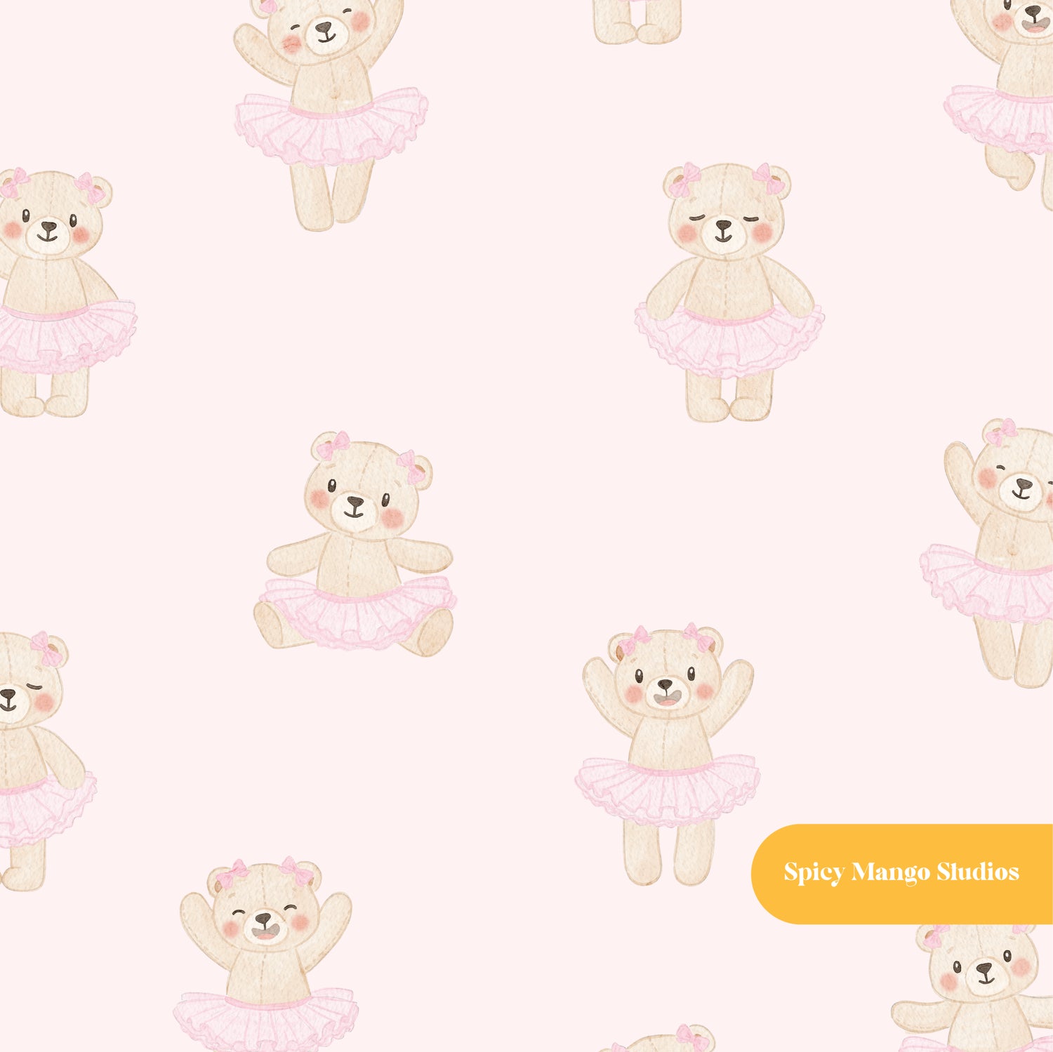 Pink Whimsical Watercolor Ballerina Bear Seamless Pattern
