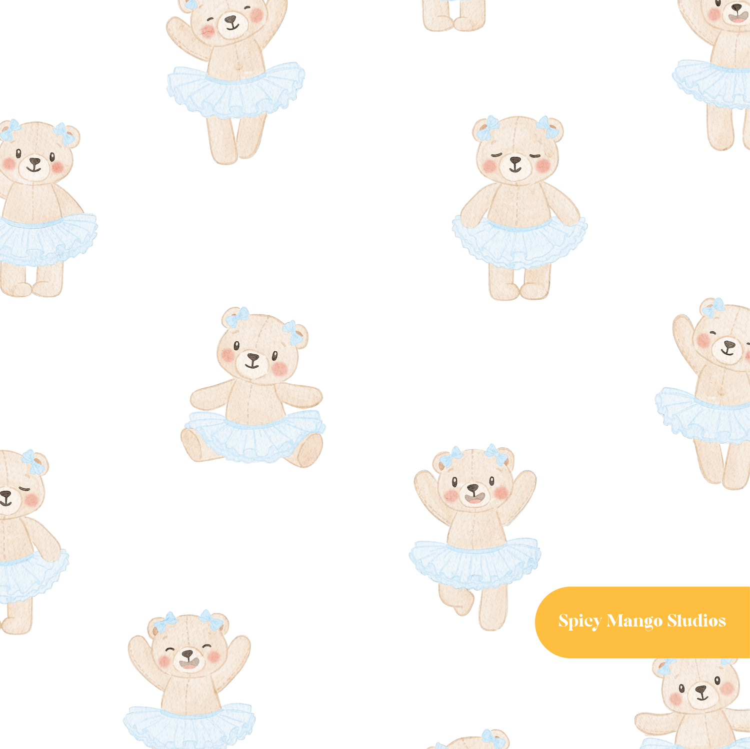 White and Blue Whimsical Watercolor Ballerina Bear Seamless Pattern