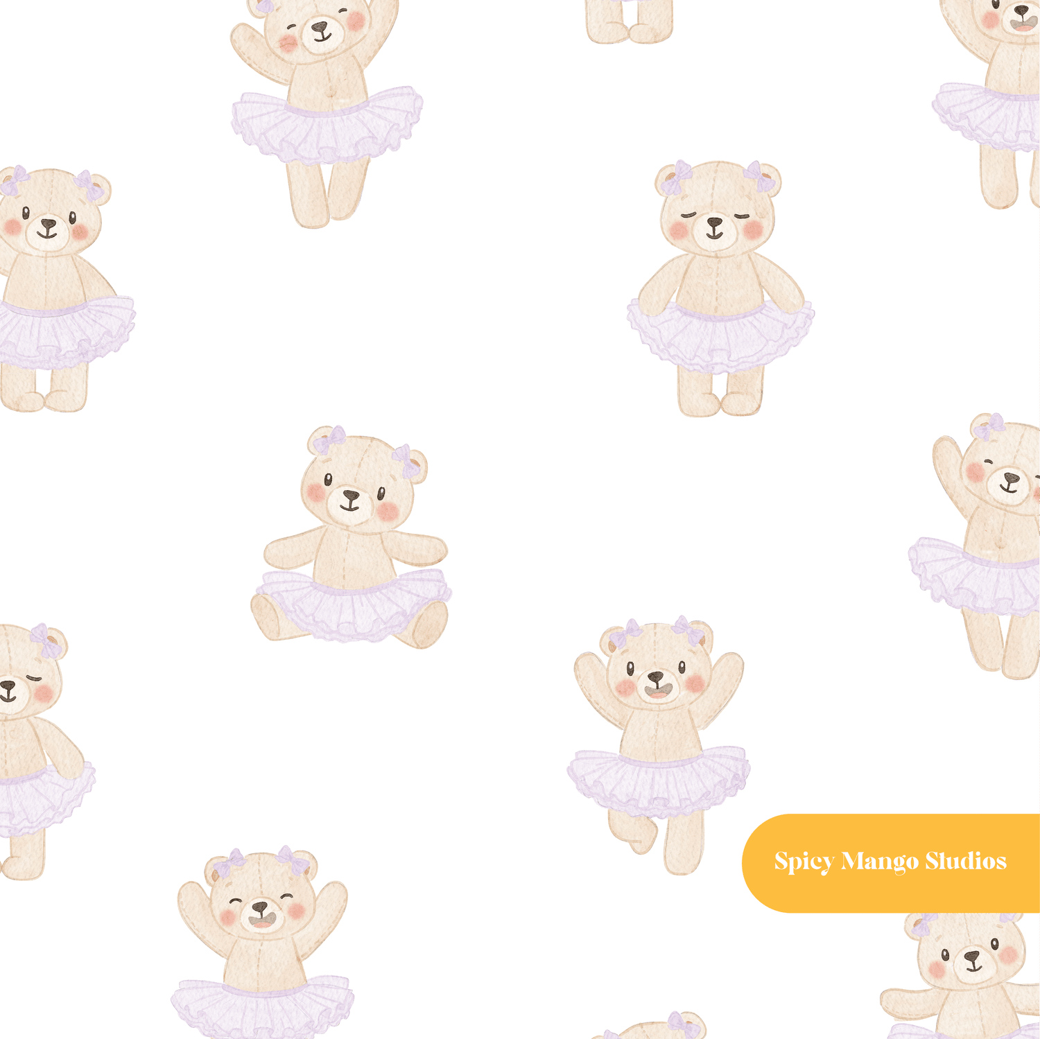 White and Lavender Whimsical Watercolor Ballerina Bear Seamless Pattern
