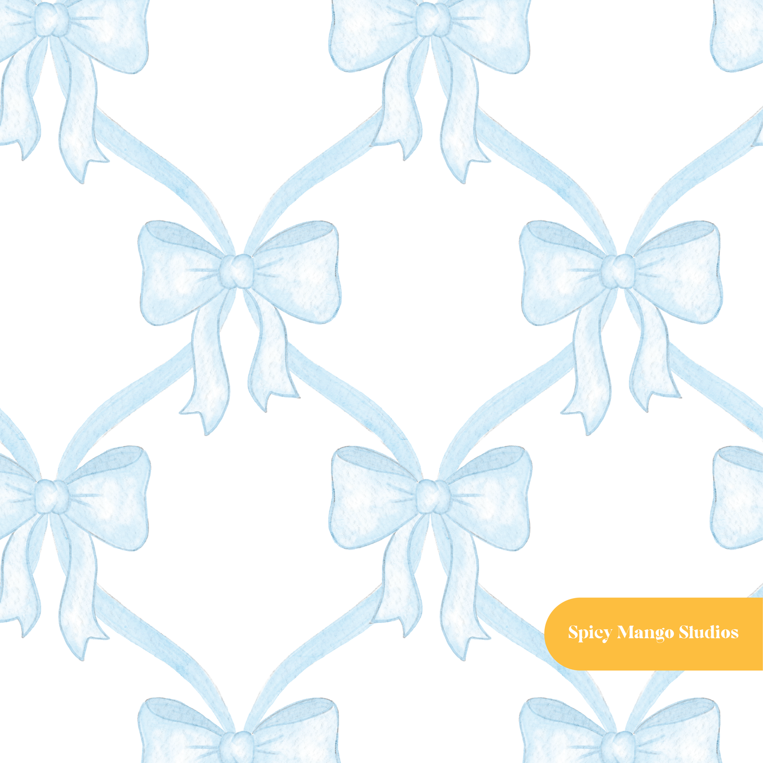 Cloud Blue Whimsical Watercolor Bow Lattice Seamless Pattern