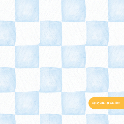 Cloud Blue Whimsical Watercolor Checker Seamless Pattern