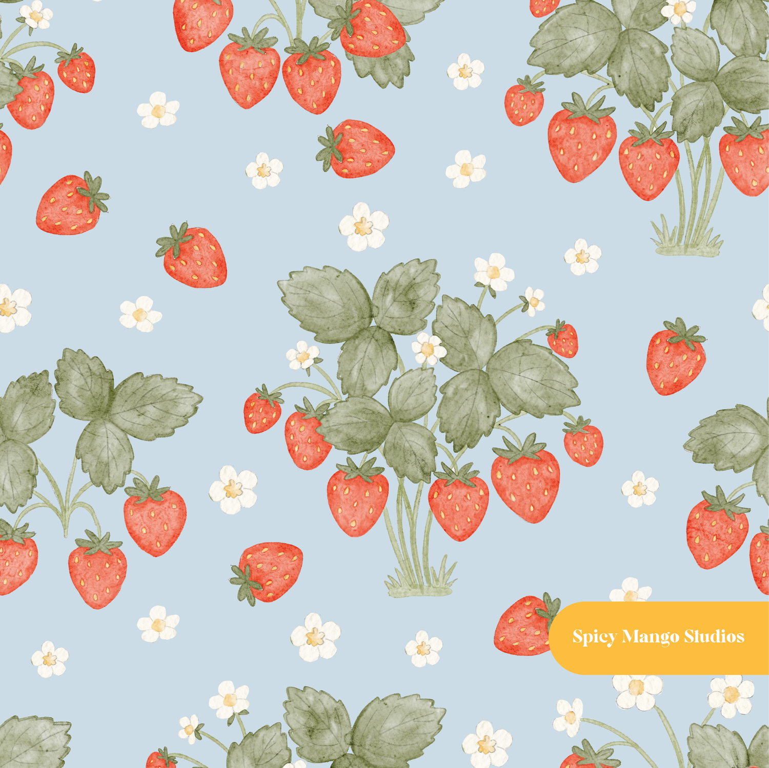 Cloud Blue Watercolor Strawberry Seamless Pattern