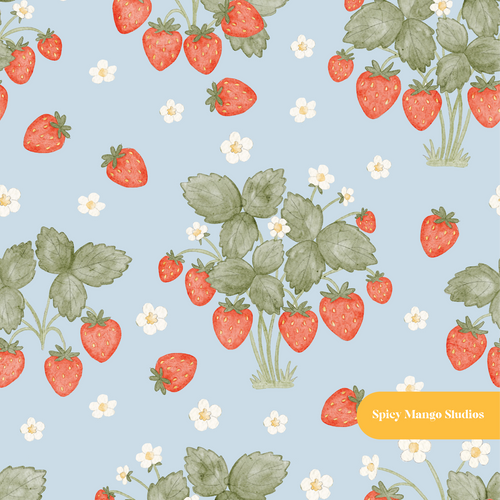Cloud Blue Watercolor Strawberry Seamless Pattern