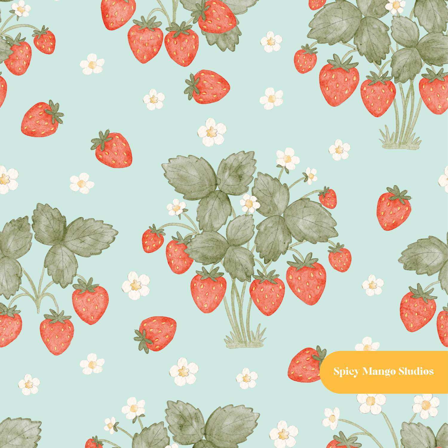 Mint Watercolor Strawberry Seamless Pattern