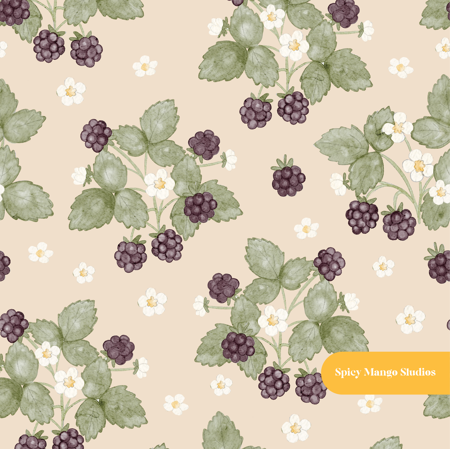 Beige Watercolor Blackberry Seamless Pattern – Digital Download
