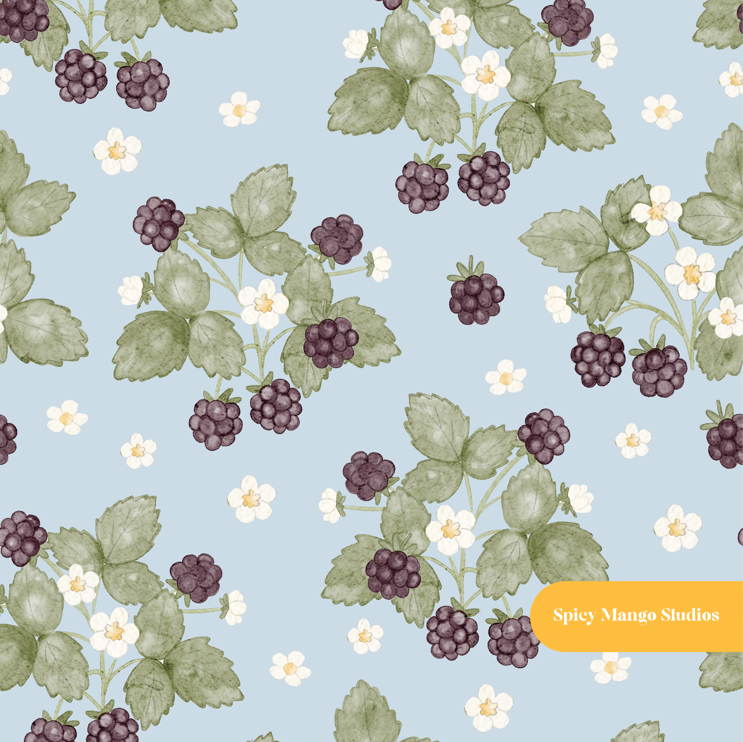 Cloud Blue Watercolor Blackberry Seamless Pattern – Digital Download