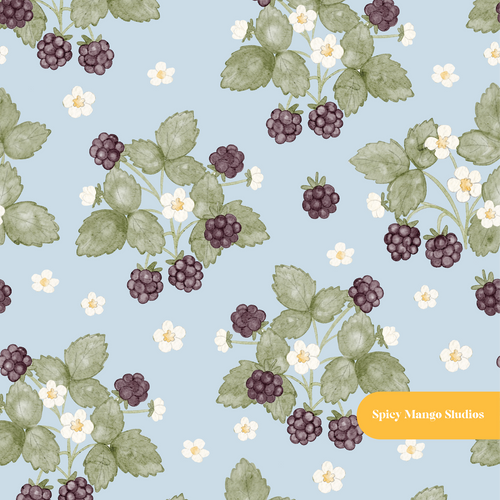 Cloud Blue Watercolor Blackberry Seamless Pattern – Digital Download