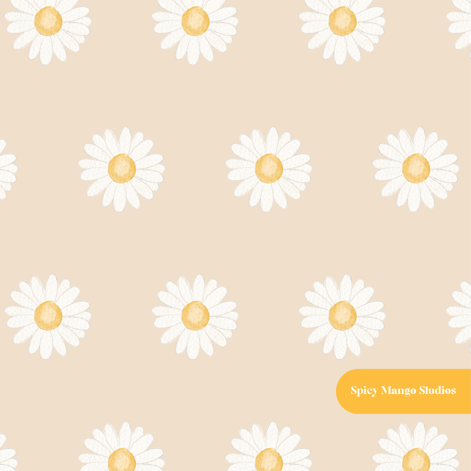 Beige Whimsical Watercolor Daisy Seamless Pattern