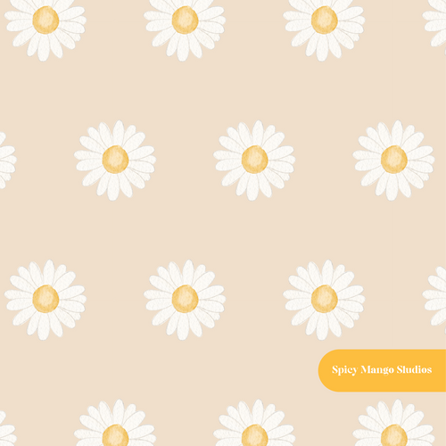 Beige Whimsical Watercolor Daisy Seamless Pattern