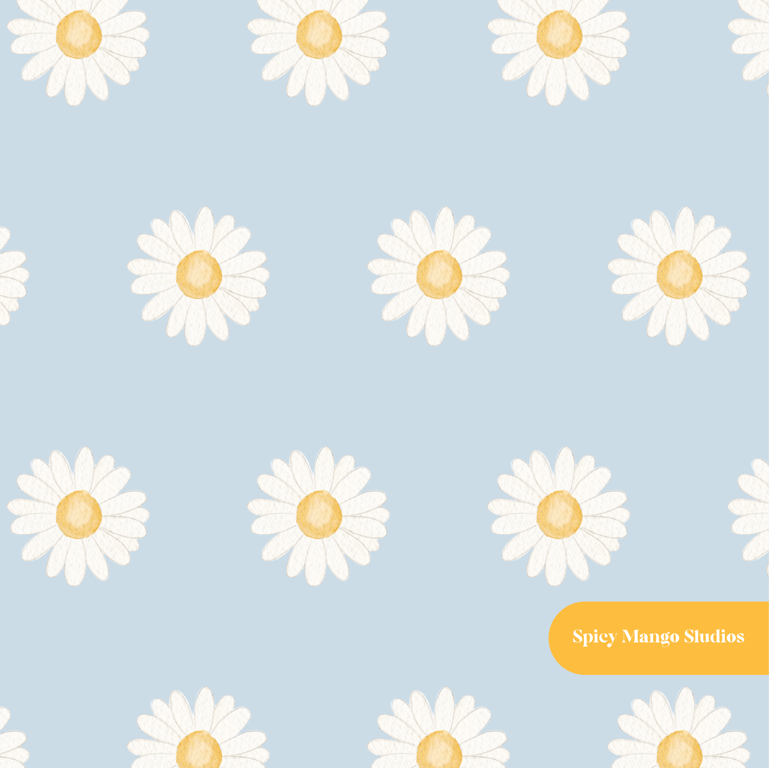 Cloud Blue Whimsical Watercolor Daisy Seamless Pattern