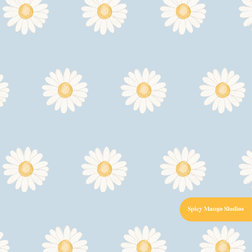 Cloud Blue Whimsical Watercolor Daisy Seamless Pattern