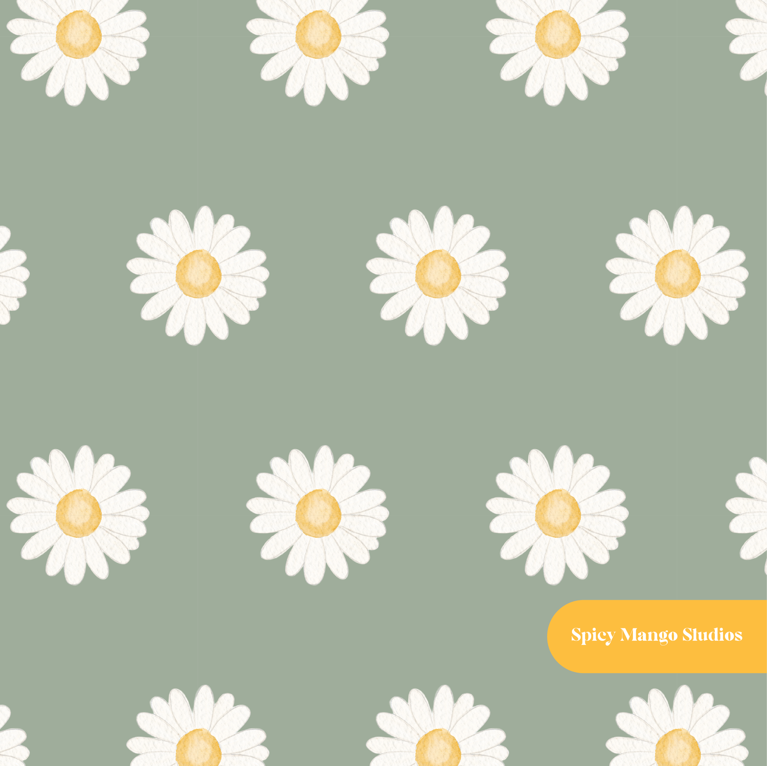 Dark Sage Whimsical Watercolor Daisy Seamless Pattern