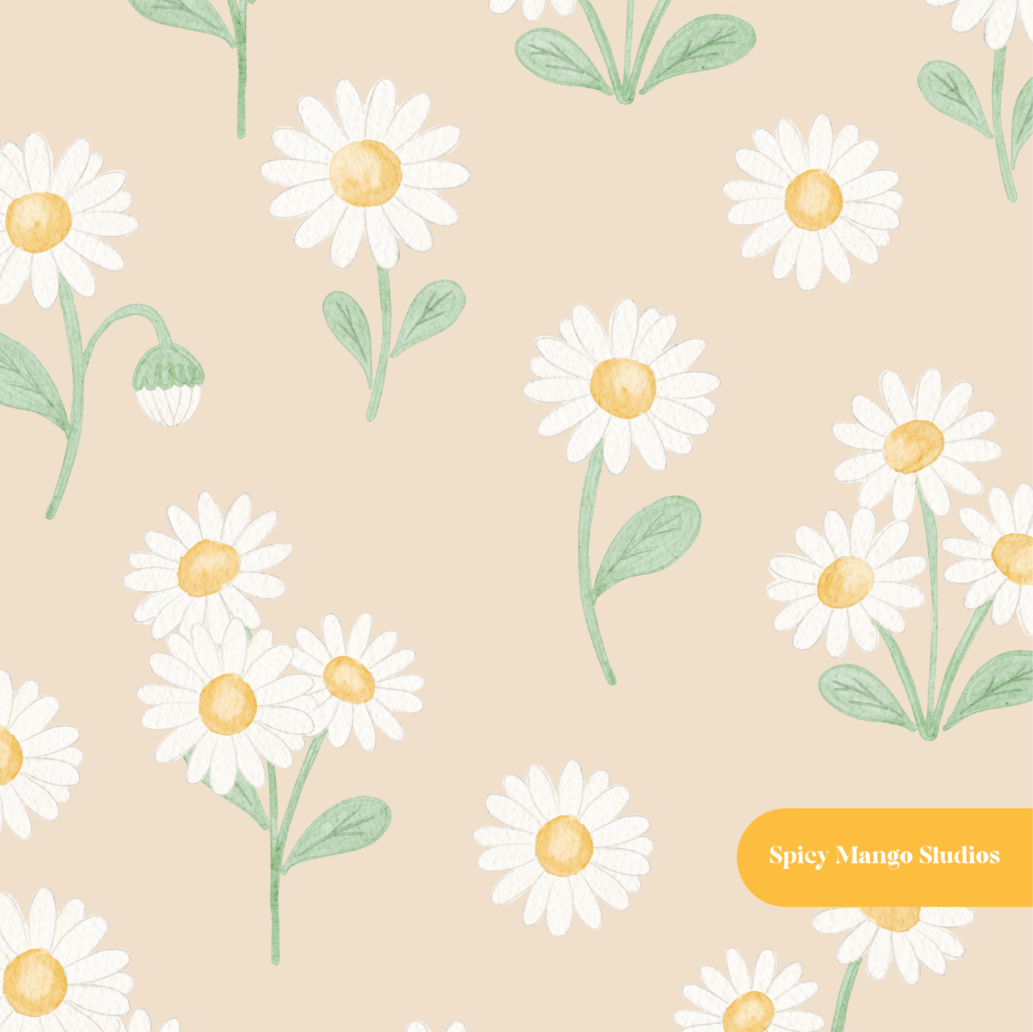 Beige Whimsical Watercolor Daisy Floral Seamless Pattern